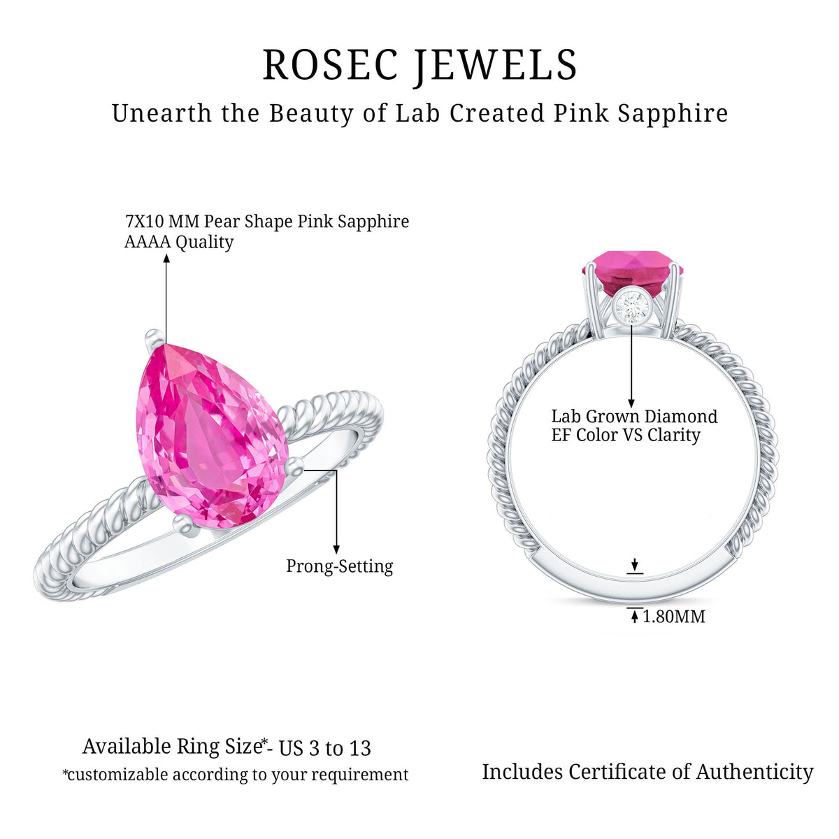 2.5 Carat Lab Created Pink Sapphire Teardrop Engagement Ring with Surprise Diamond