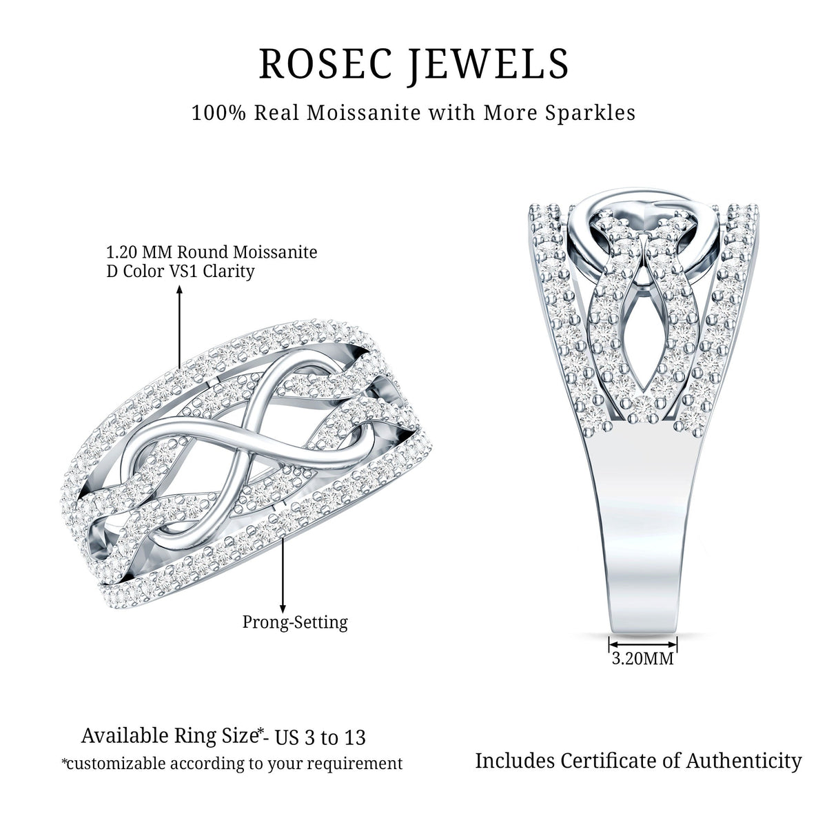Designer Moissanite Infinity Anniversary Band in Silver