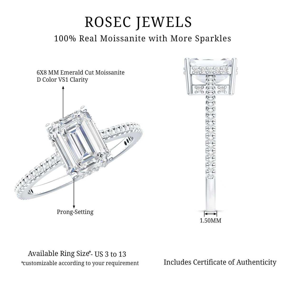 Certified 1.87 Carat Moissanite Emerald Cut Engagement Ring For Women