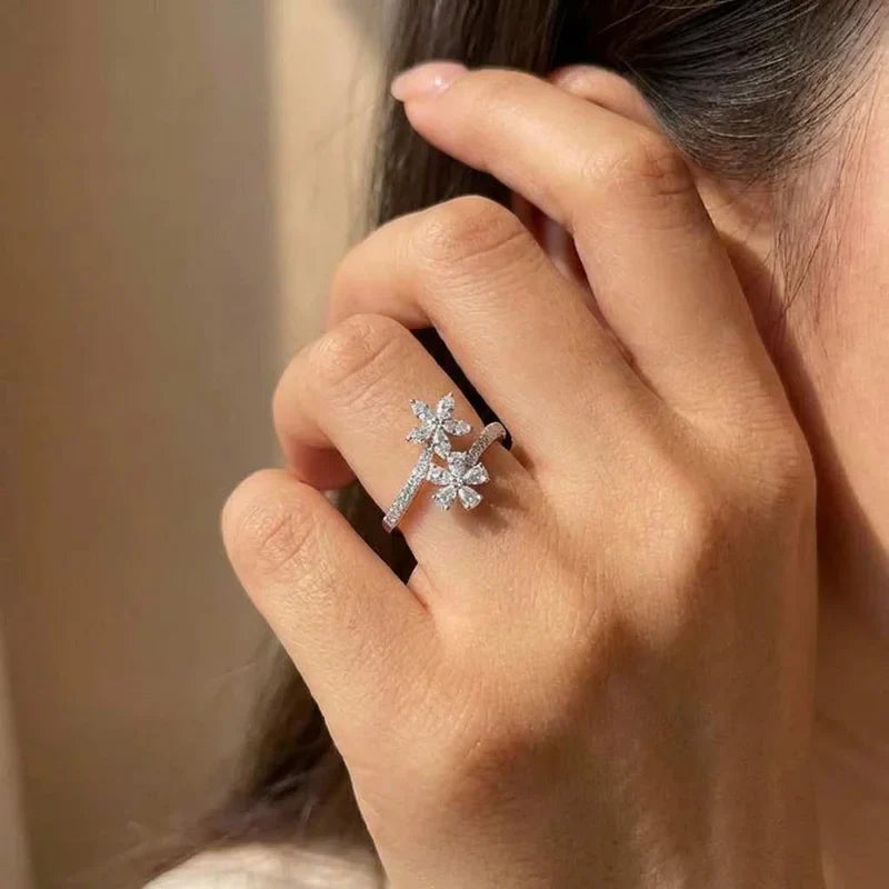 925 Sterling Silve Aesthetic Flower Adjustable Finger Ring Female Brilliant Zirconia Jewelry for Engagement Delicate Accessories