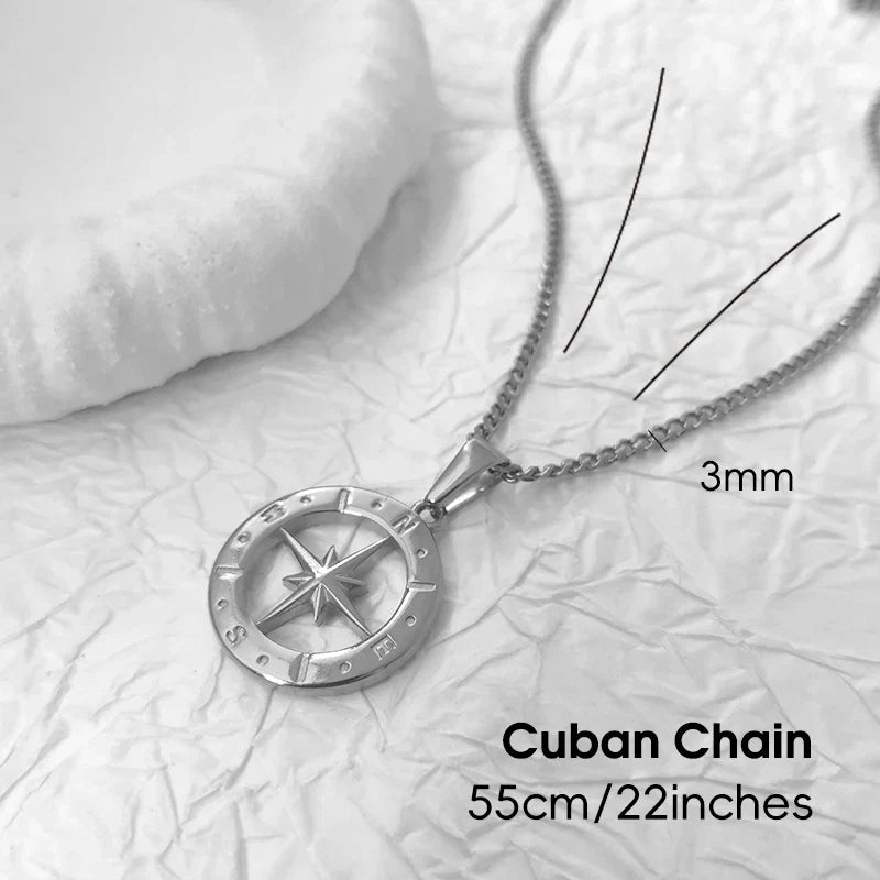 Hip Hop Men 18K Gold Plated Stainless Steel Compass Pendant North Star Charm Necklace Waterproof Jewelry For Men Gift