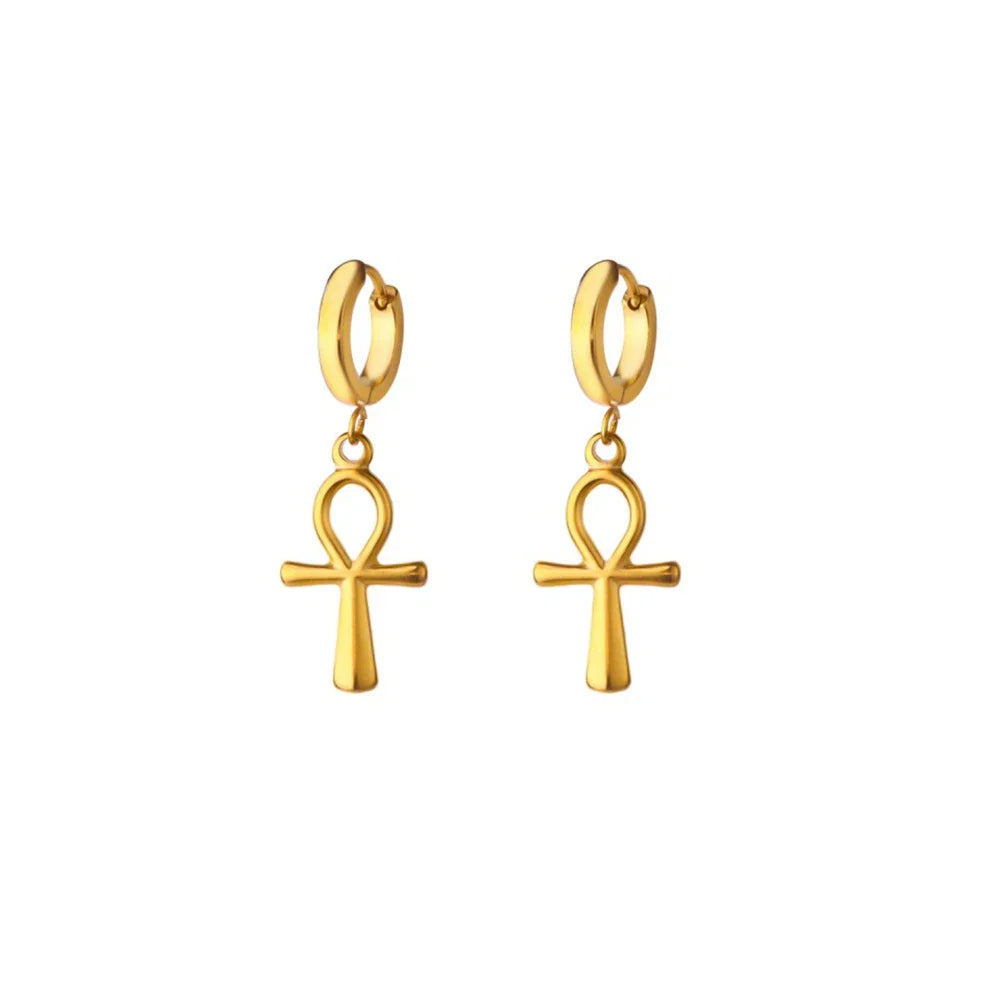 18K Gold Plated Portrait Coin Earrings | Stainless Steel Jesus Cross Dangle Huggie Earrings