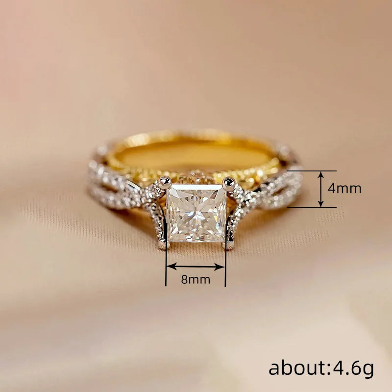 925 Sterling Silve Modern Fashion Princess CZ Two Tone Rings Luxury Bridal Wedding Unique Design Statement Jewelry for Women