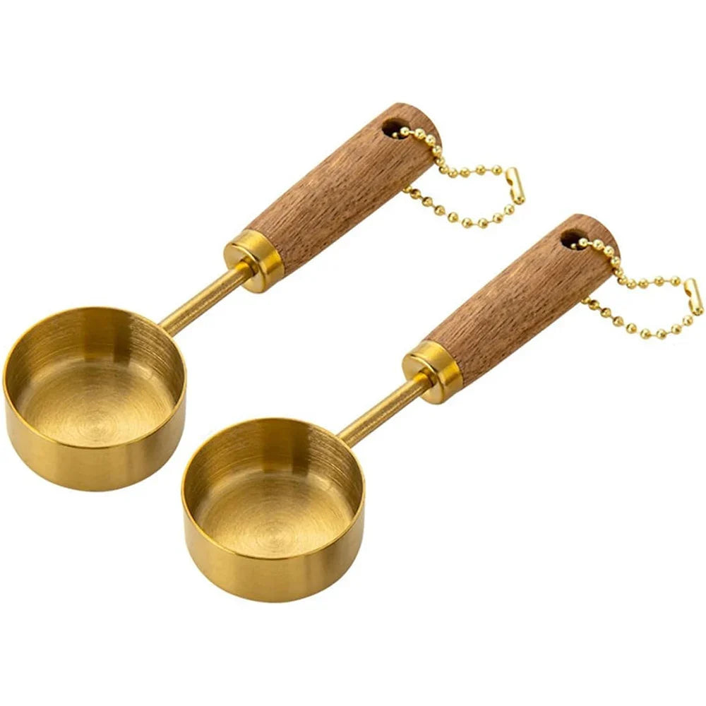 Stainless Steel Measuring Spoon Set | Gold Wood Handle Kitchen Baking Tool