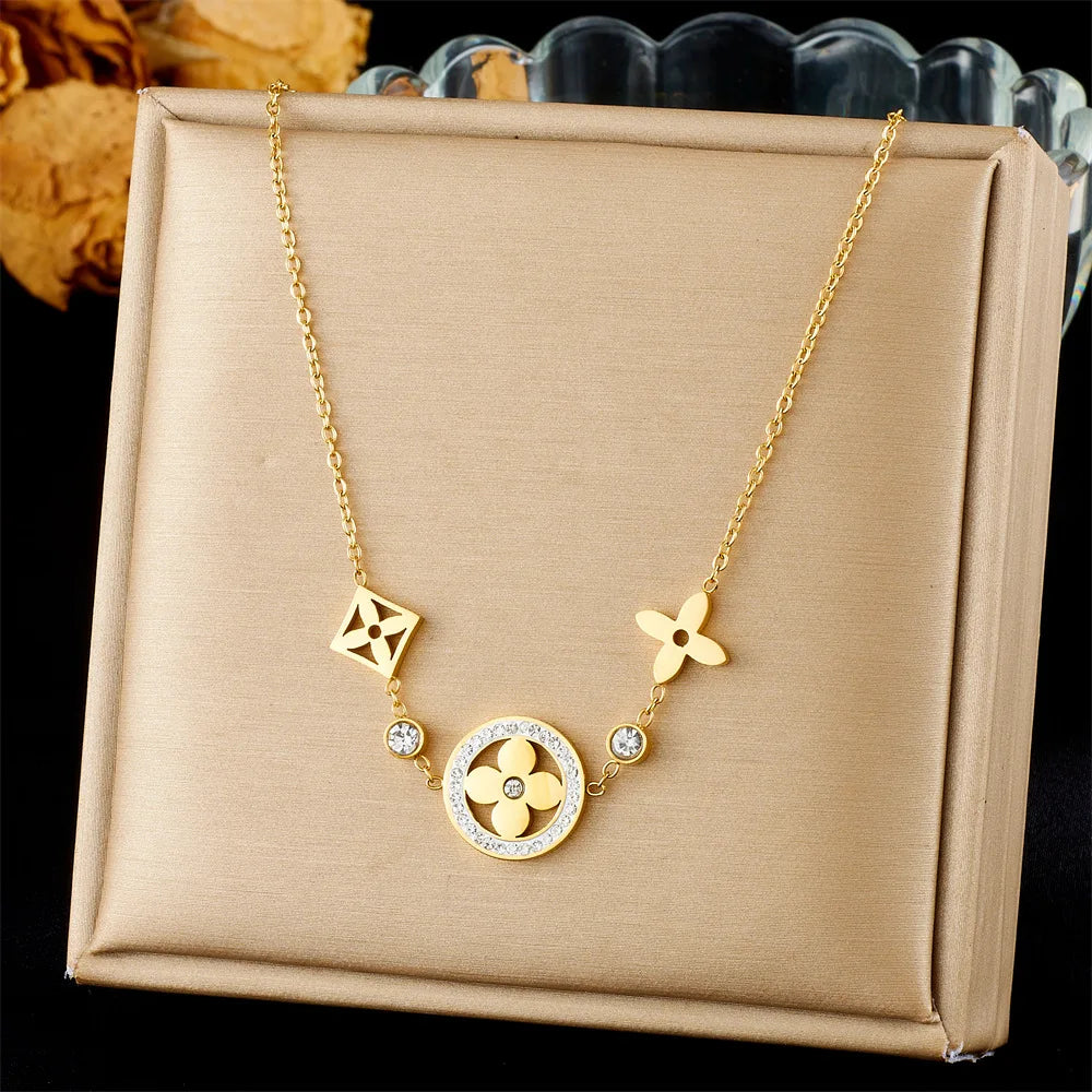 Elegant Temperament Premium Sense Of One Hundred Stainless Steel Four-Leaf Clover Round Pendant Flower Earrings Female