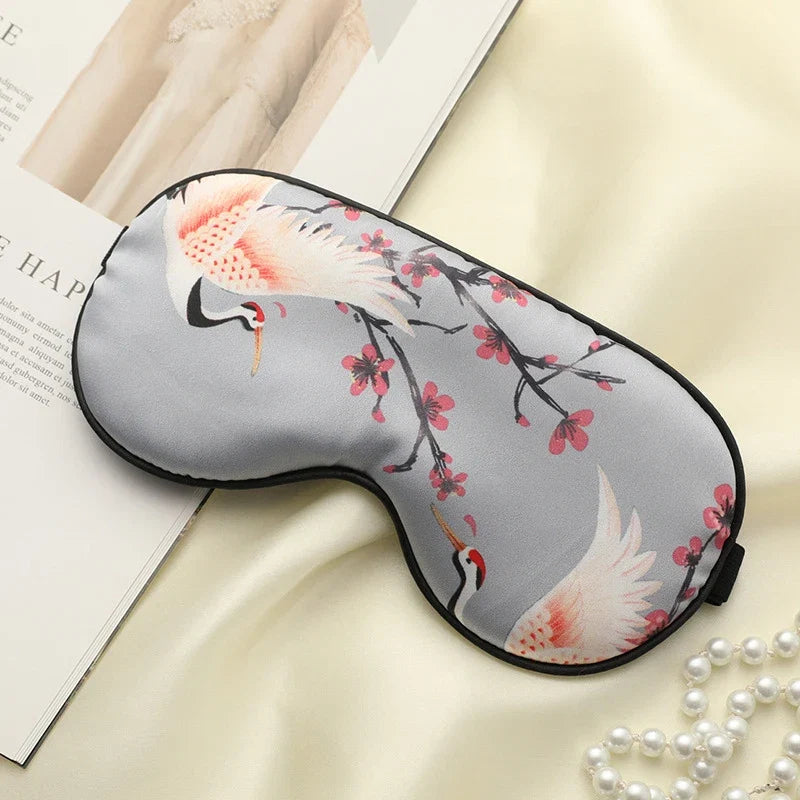 Imitated Silk Sleeping Eye Mask with Crane Print | Adjustable Blindfold for Travel and Relaxation