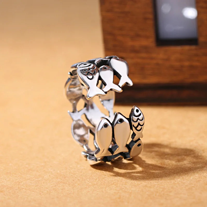 925 Sterling Silver Three Layers Fish Adjustable Rings For Women Engagement Wedding Vintage Jewelry Accessories Jewellery