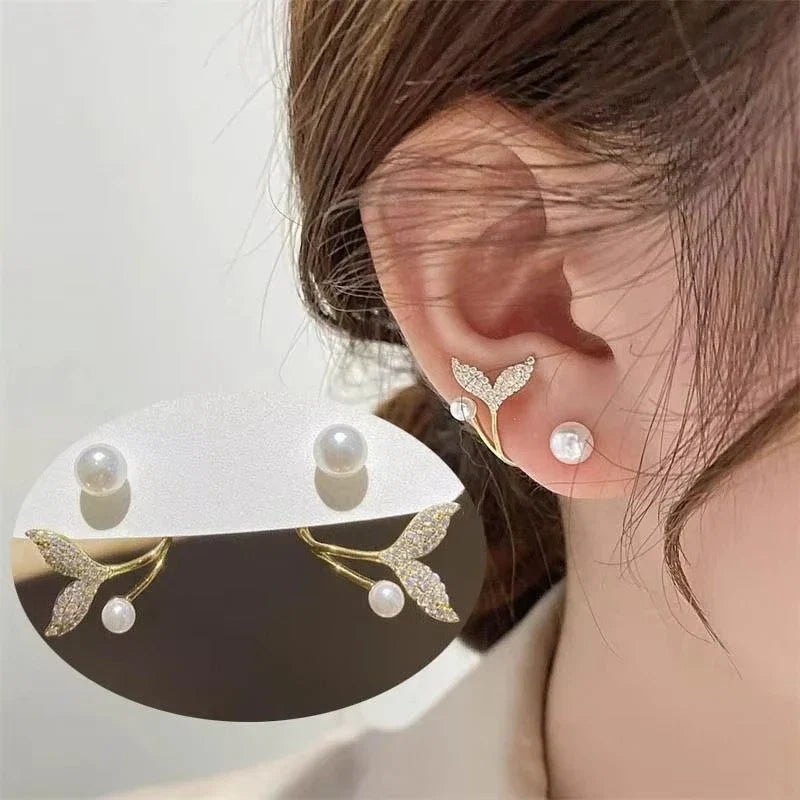 Korean Vintage Imitate Pearl Crystal Earrings for Women Jewelry High-class Luxury Zircon Flower Butterfly Leaf Stud Earrings