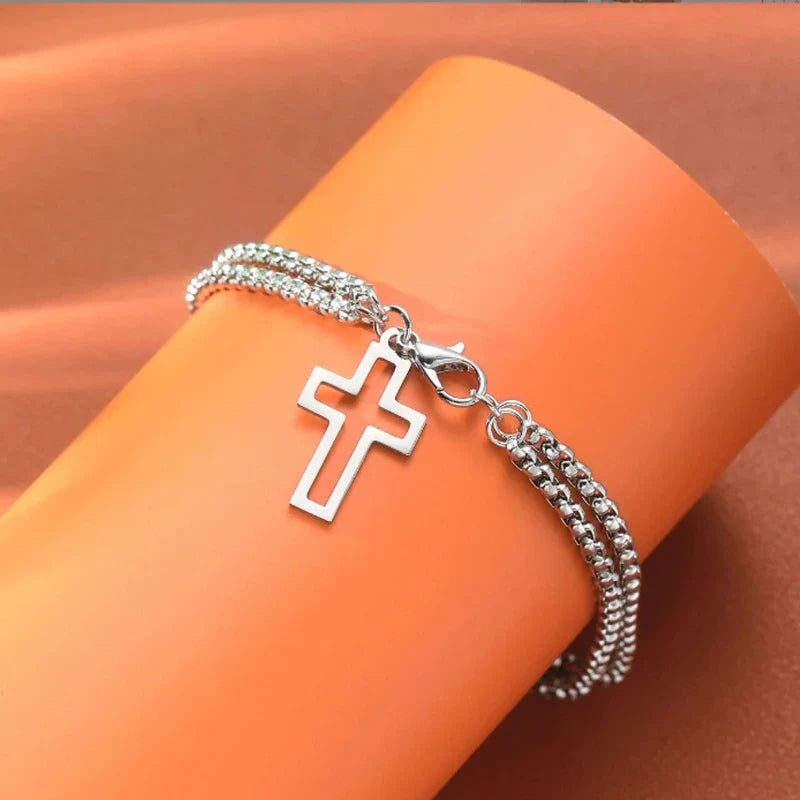 1pcs Bracelet Stainless Steel Thick Chain Cross Hollow Cross Pendant Double Bracelet Personality Niche High-grade Hand Jewelry