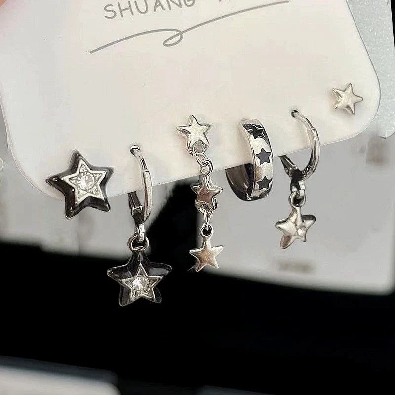 6PCS Goth Punk Vintage Aesthetic Crystal Heart Moon Cross Star Pendant Earrings Set | Grunge Y2K Jewelry