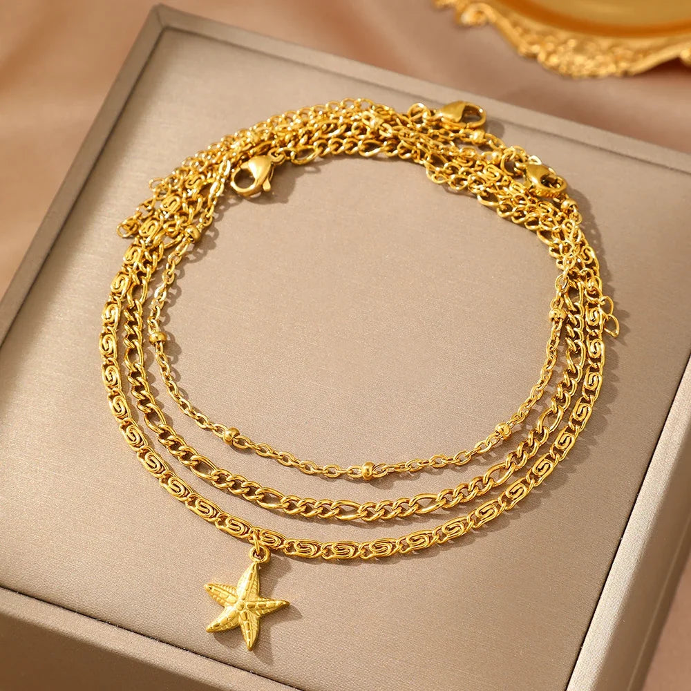 woiwoi Stainless Steel Anklet Starfish Triple Stacking Chain Light Luxury Fashion Elegant Ladies Anklet Jewelry Party Match