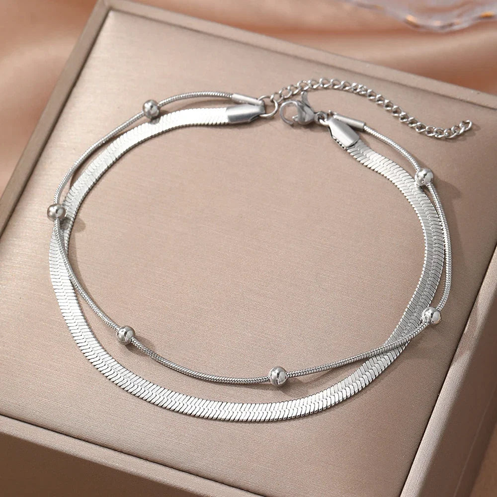 Stainless steel anklet bead strings snake bone chain double layered stacking anklet beach vacation ladies seaside party matching