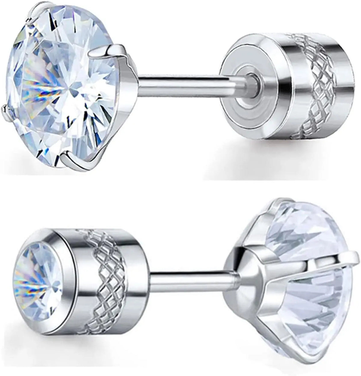 6 Pairs Screw Back Stud Earrings Set | Surgical Stainless Steel Double Sided Round CZ Earrings for Women Men