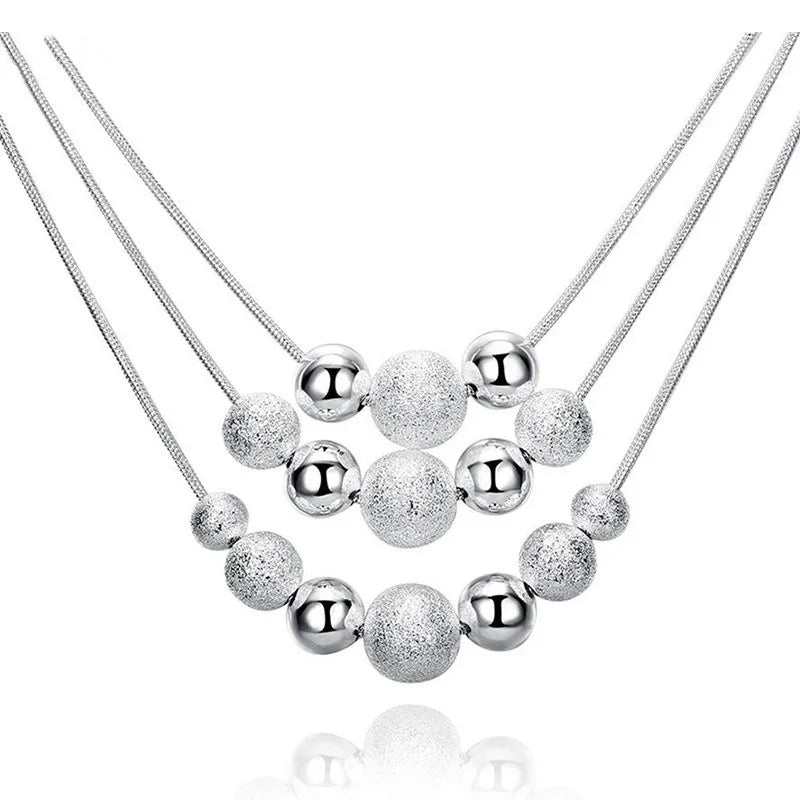URBABY 925 Sterling Silver 18-inch Frosted Beads Pendant Earrings Necklace for Woman Fashion Jewelry Set Wedding Gift