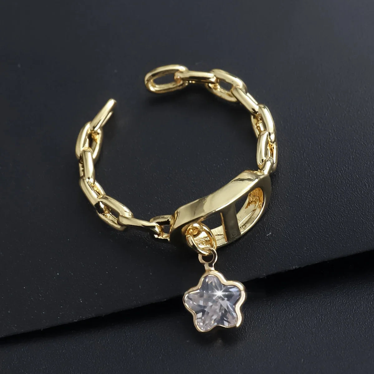 Fashionable Starry Full Drill Chain Pendant Ring for Women Versatile Luxury Design Ring Finger Accessory Copper Material