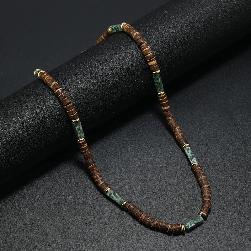 Vintage Boho Natural Stone Necklace for Couples | Brown Coconut Shell Bead Choker