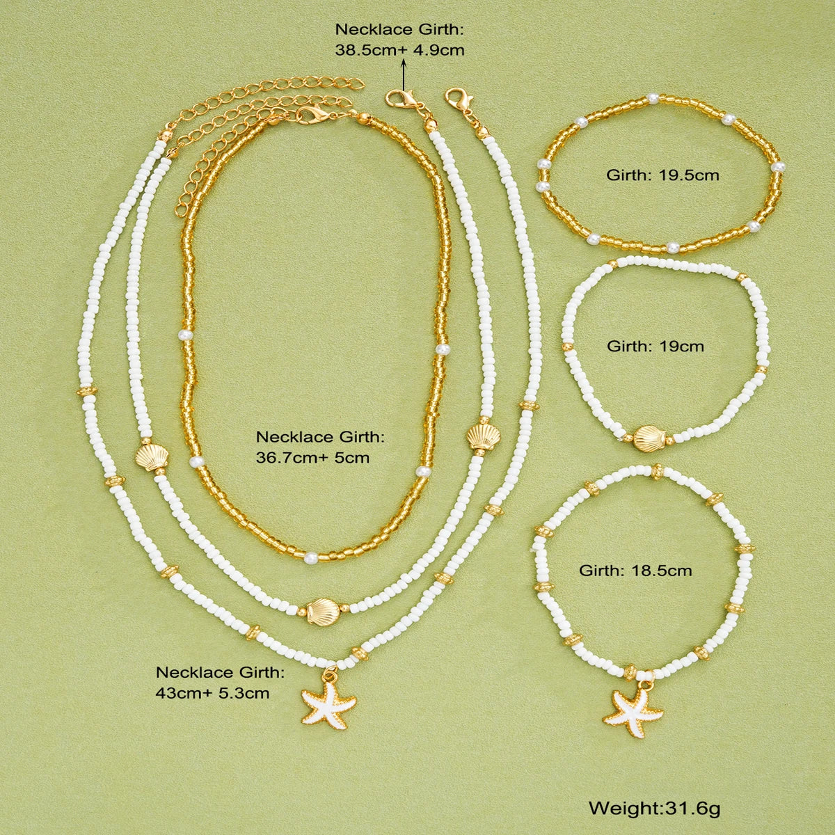 6Pcs/Set Rice Beaded Shell Starfish Pendant Necklace Bracelets Bohemian Elegant Gold White Color Jewelry Set Holiday Accessories