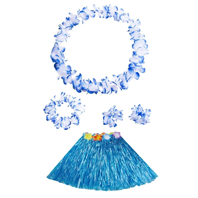 Kids Hawaiian Luau Costume Set | Grass Skirt Lei Flower Bracelets Headband