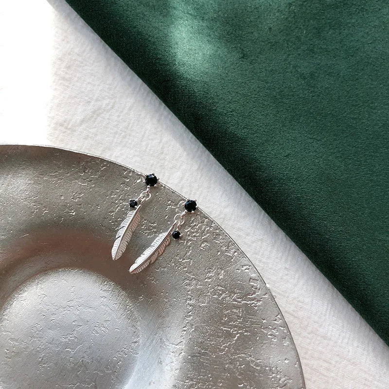 VENTFILLE 925 Sterling Silver Asymmetric Feather Earrings White Moonstone Pendant Earrings Ladies Gifts Handmade Jewelry