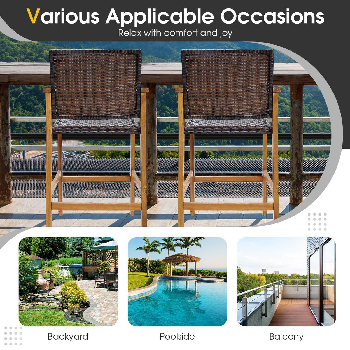 Set of 2 PE Wicker Patio Bar Chairs with Acacia Wood Armrests-Set of 2