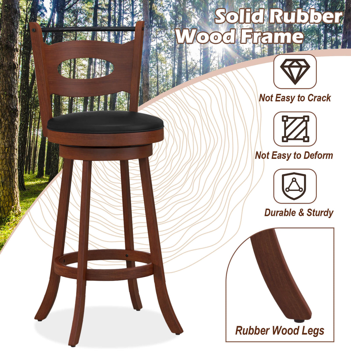 2 Pieces 24/29 inch Swivel Bar Stools with Curved Backrest and Seat Cushions