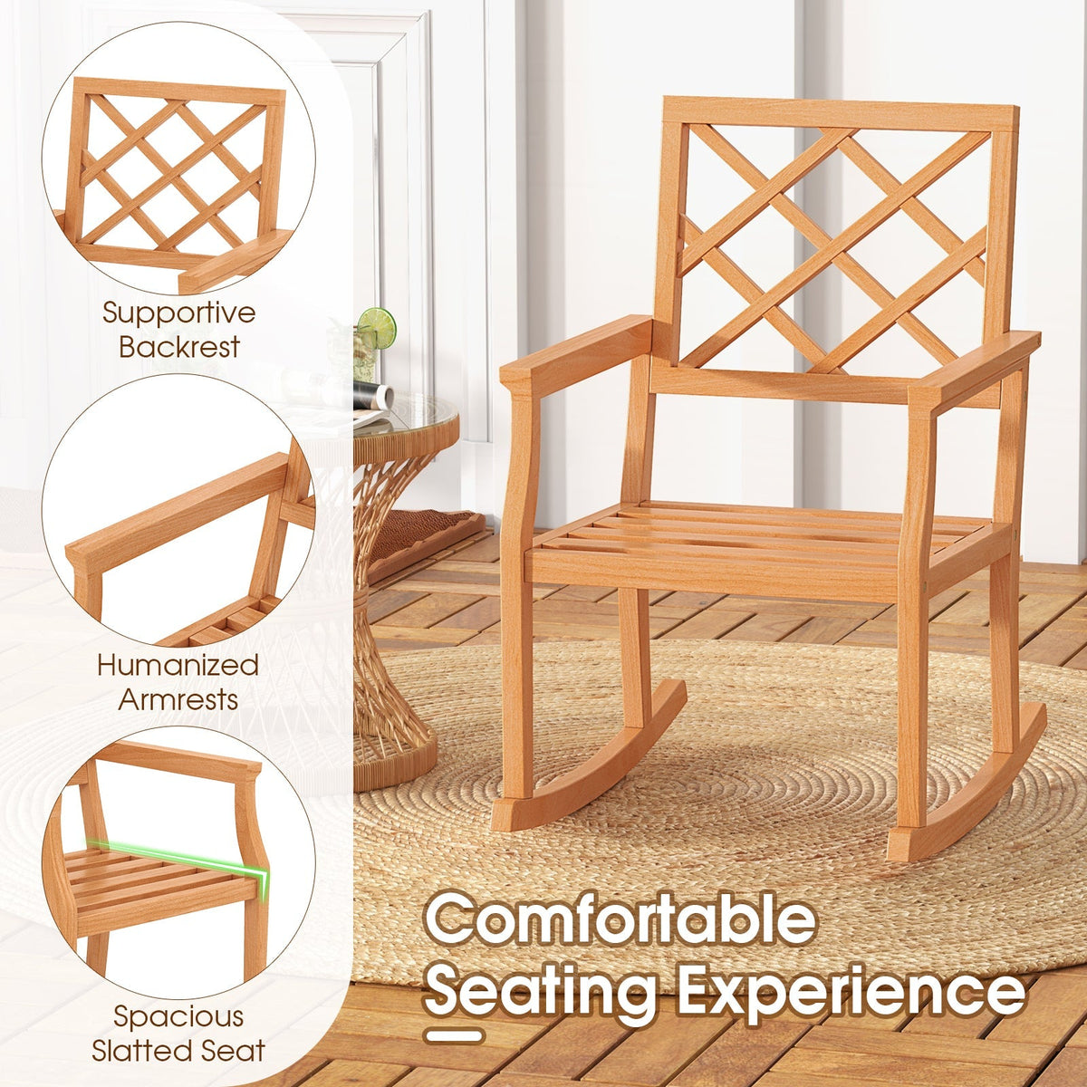 Teak Wood Rocking Chair Oversized Porch Rocker with Backrest and Slatted Seat