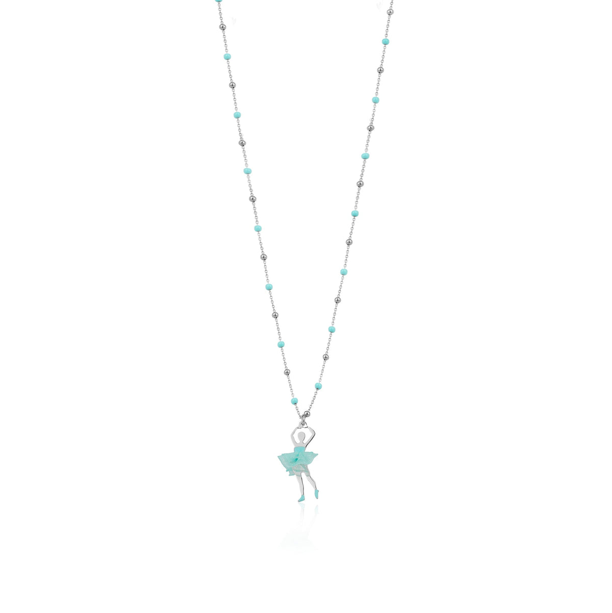 UNICORNJ Sterling Silver Ballerina Ballet Dancer Necklace for Girls Dance Recital Gift Tulle Fabric Tutu and Enamel on Beaded Chain 15.5"