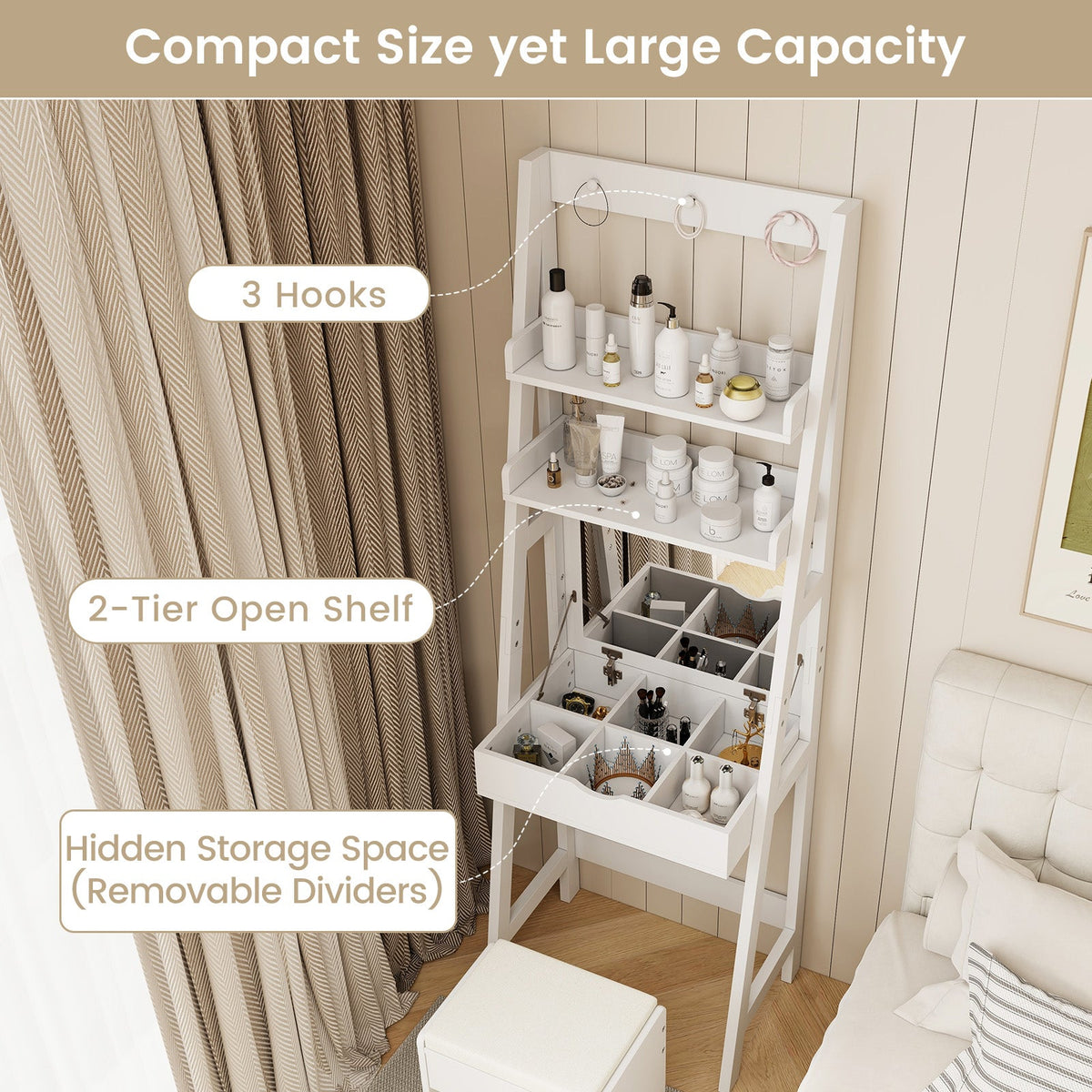 Vanity Desk Set with Flip Top Mirror Hidden Storage Compartments and Cushioned Stool-White
