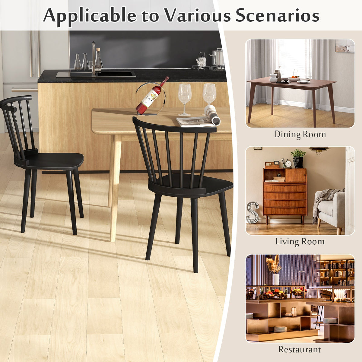 Windsor Dining Chairs Set of 2 Rubber Wood Kitchen Chairs with Spindle Back