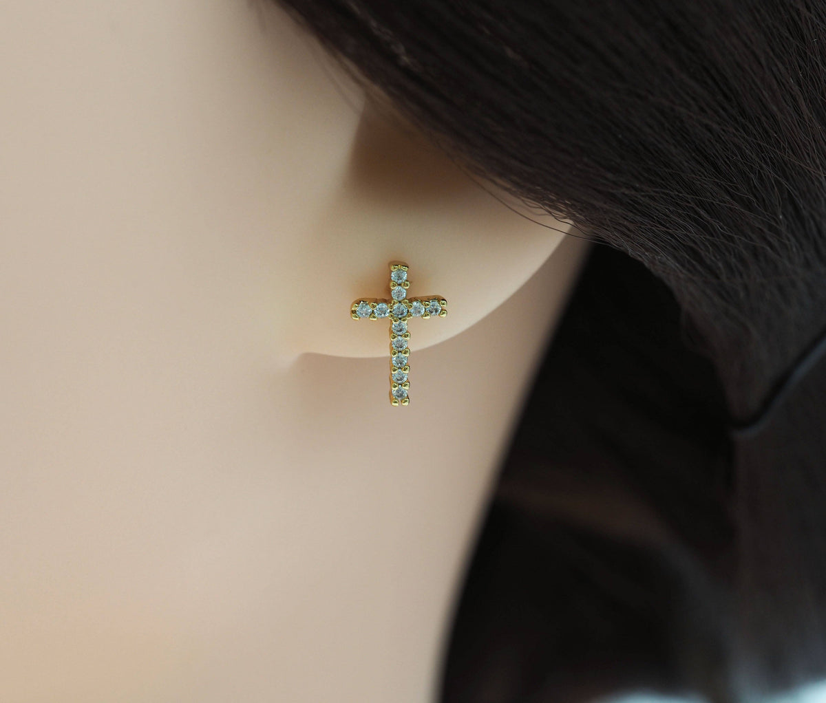 CZ Micro Pave Cross Shape Stud Earring , 18K Gold Filled Latch Back Earrings, Cross Earring, Sku#LD177