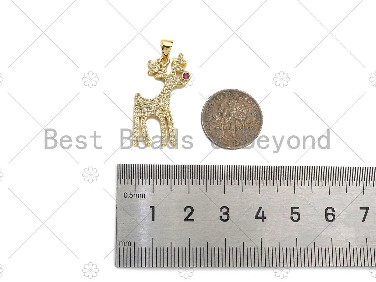 CZ Micro Pave 18k Gold Reindeer Shape Pendant, Cubic Zirconia Pendant, Christmas Charm, CZ Micro Pave Pendant, 28x14mm, Sku#LK209