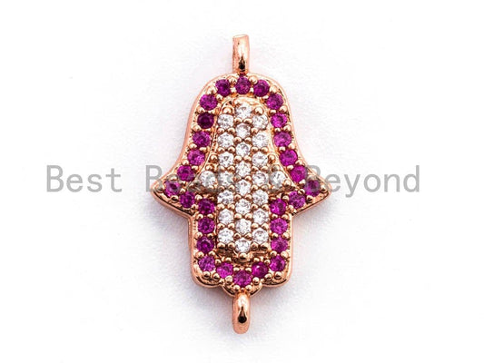CZ Micro Pave Fuchsia Hamsa Hand Connector, Cubic Zirconia Space Connector in Gold Rose Gold,Silver,Black Color, 11x18mm, sku#A56