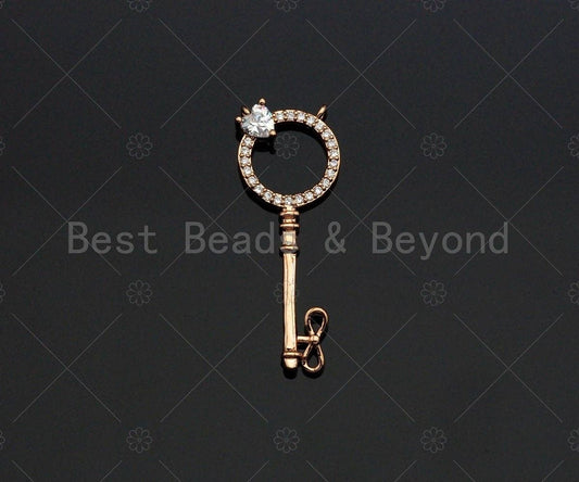 CZ Micro Pave Key With Round Ring Shape Pendant , Gold/Silver/Black/Rose Gold Plated Key, Necklace Bracelet Pendant, 12x33mm,sku#L285