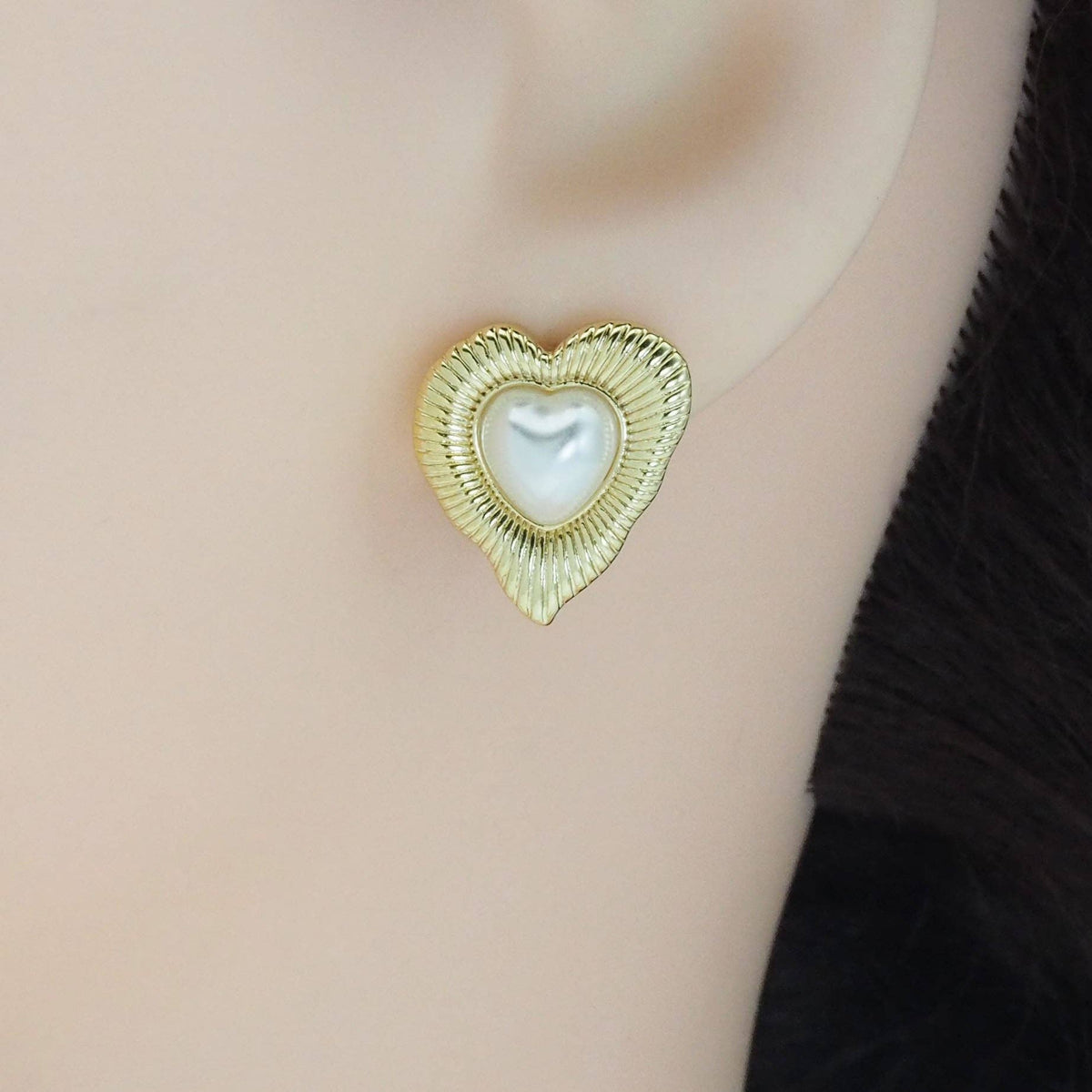 Gold White Pearl Heart Stud Earrings, Sku#LD480