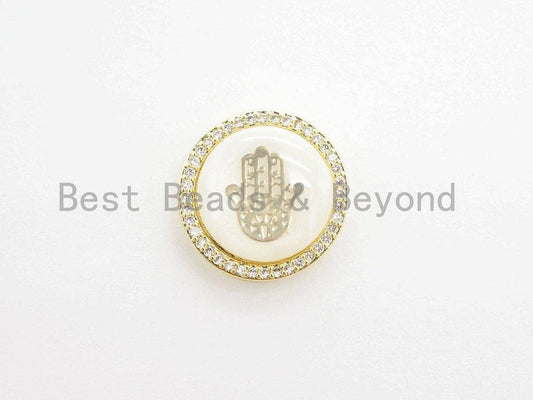 CZ Micro Pave Gilding Hamsa Hand on Mother of Pearl Disc Bea