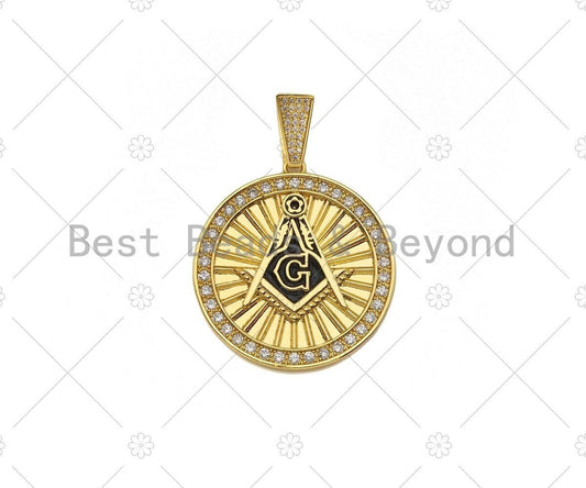 CZ Micro Pave G Word On Round Medallion Pendant,Black Enamel Gold/Silver Charm, Necklace Bracelet Charm Pendant, 35x38mm, Sku#L552
