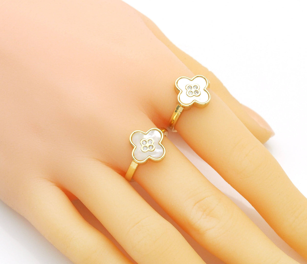 Gold Mother of Pearl Clover Adjustable Ring, Sku#X367