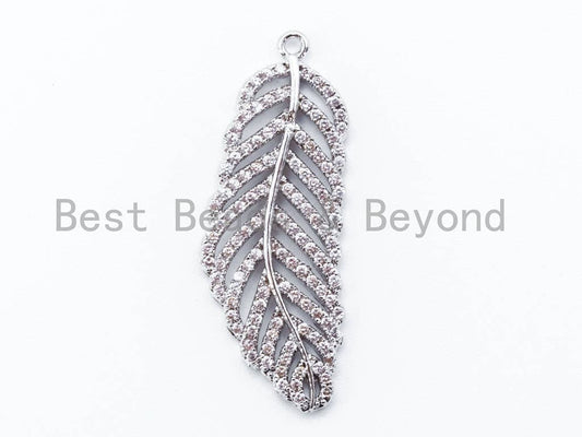 CZ Micro Pave Leaf Pendant, Clear CZ Pave in Gold Rose Gold Black Silver Finish, Pave Charm, 13x33mm, sku#B39