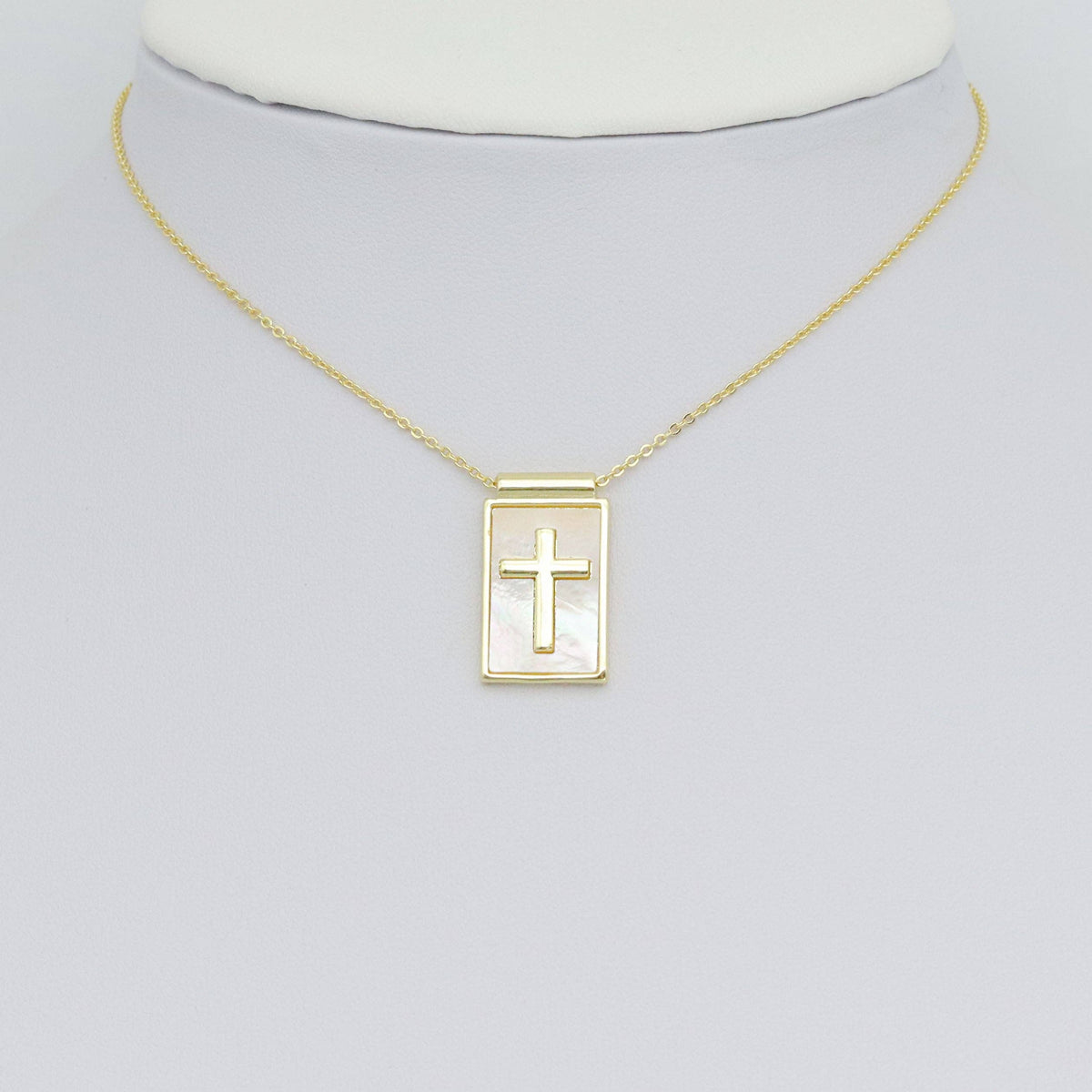 Gold Cross on Mother of Pearl Cross Rectangle Shape Charm Pendant, Sku#LK1051