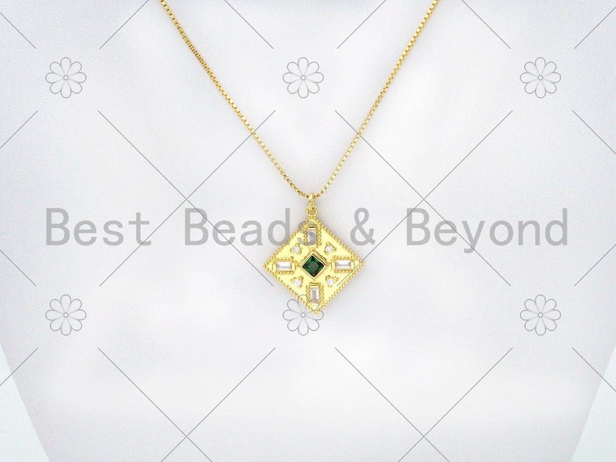 Baguette CZ Micro Pave Rhombus Shape Pendant/Charm, 18K Gold Filled Green CZ Charm,Necklace Bracelet Charm Pendant,28x25mm,Sku#L582