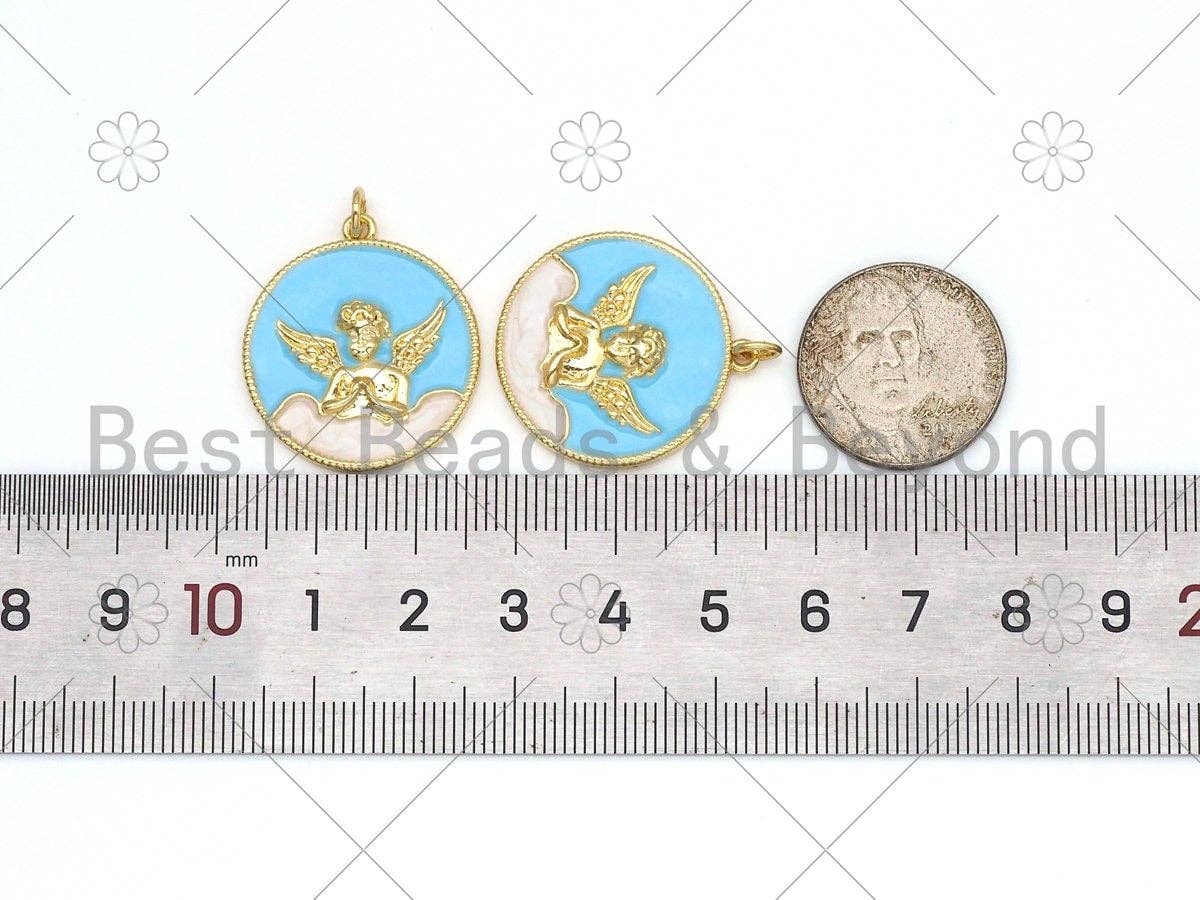 Gold Angle On Sky Blue Enamel Round Coin Shape Pendant, 18K Gold Filled Angel Charm,Necklace Bracelet Charm Pendant, 24x27mm,Sku#L625