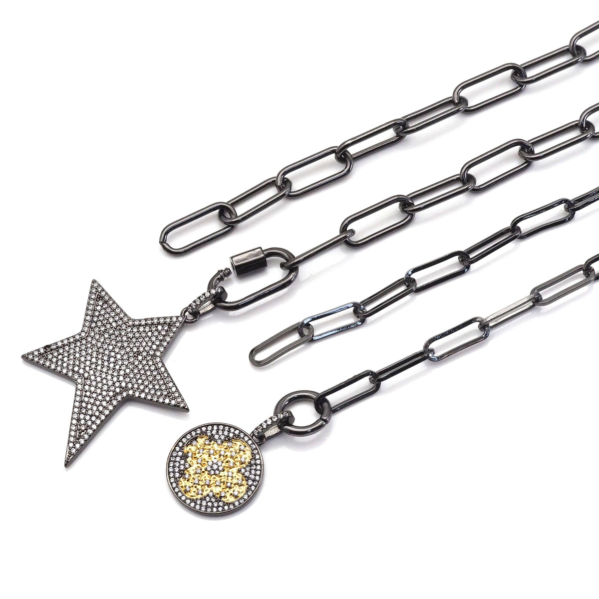 Gunmetal Paperclip Chain Star Flower Necklace