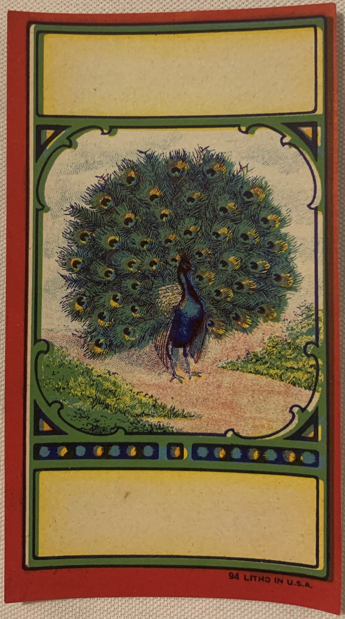Antique Peacock Broom Label 1910s-1920s Art Nouveau Chromolithograph Litho USA Vintage Advertising Ephemera π§Ή