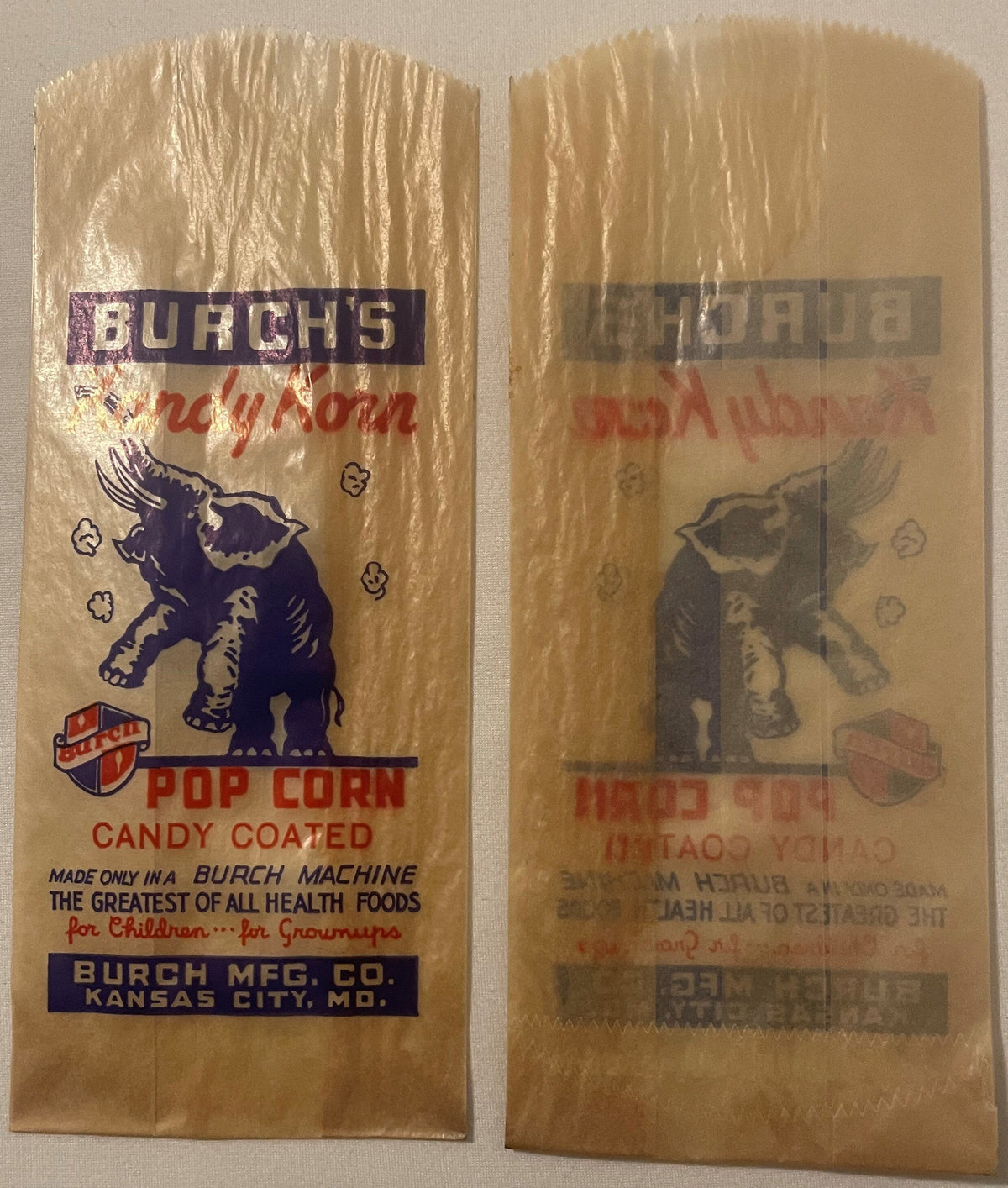 Antique 1920s 1930s Burchs Kandy Korn Candy Coated Popcorn Bag Kansas City Missouri Burch Manufacturing Co Elephant NOS β¨