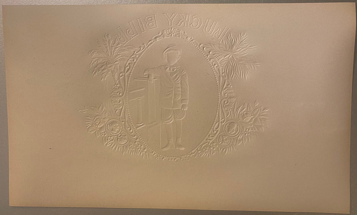 Antique 1900s Lucky Bill Gold Embossed Cigar Label š© Large Victorian Boy Art 10" x 6"