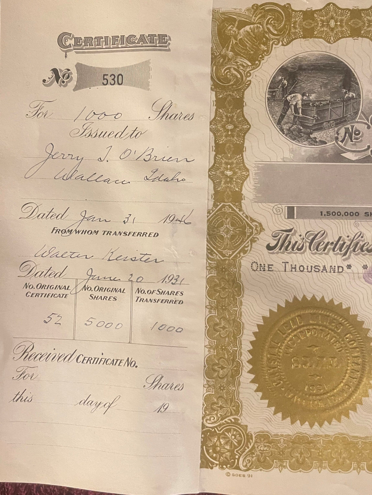 Antique 1946 Crystal Lead Mines Stock Certificate βοΈ Idaho WWII Mining History, Wallace Coeur d'Alene