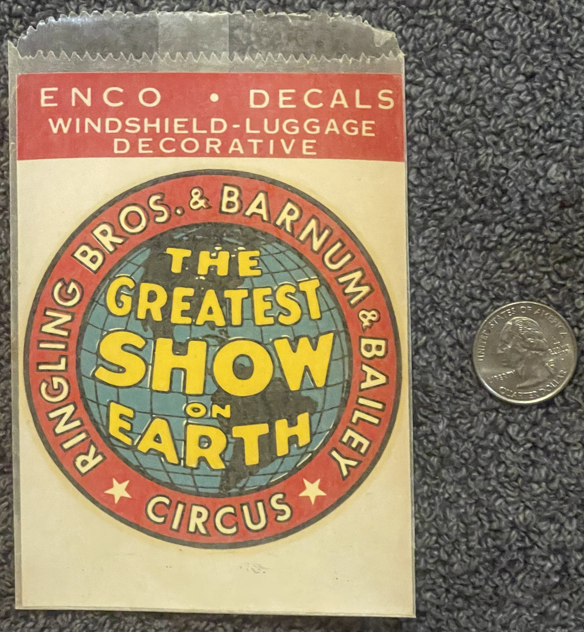 Enco Ringling Bros Barnum & Bailey Circus Waterslide Decal πͺ Greatest Show on Earth, NOS 1950s Windshield-Luggage Transfer