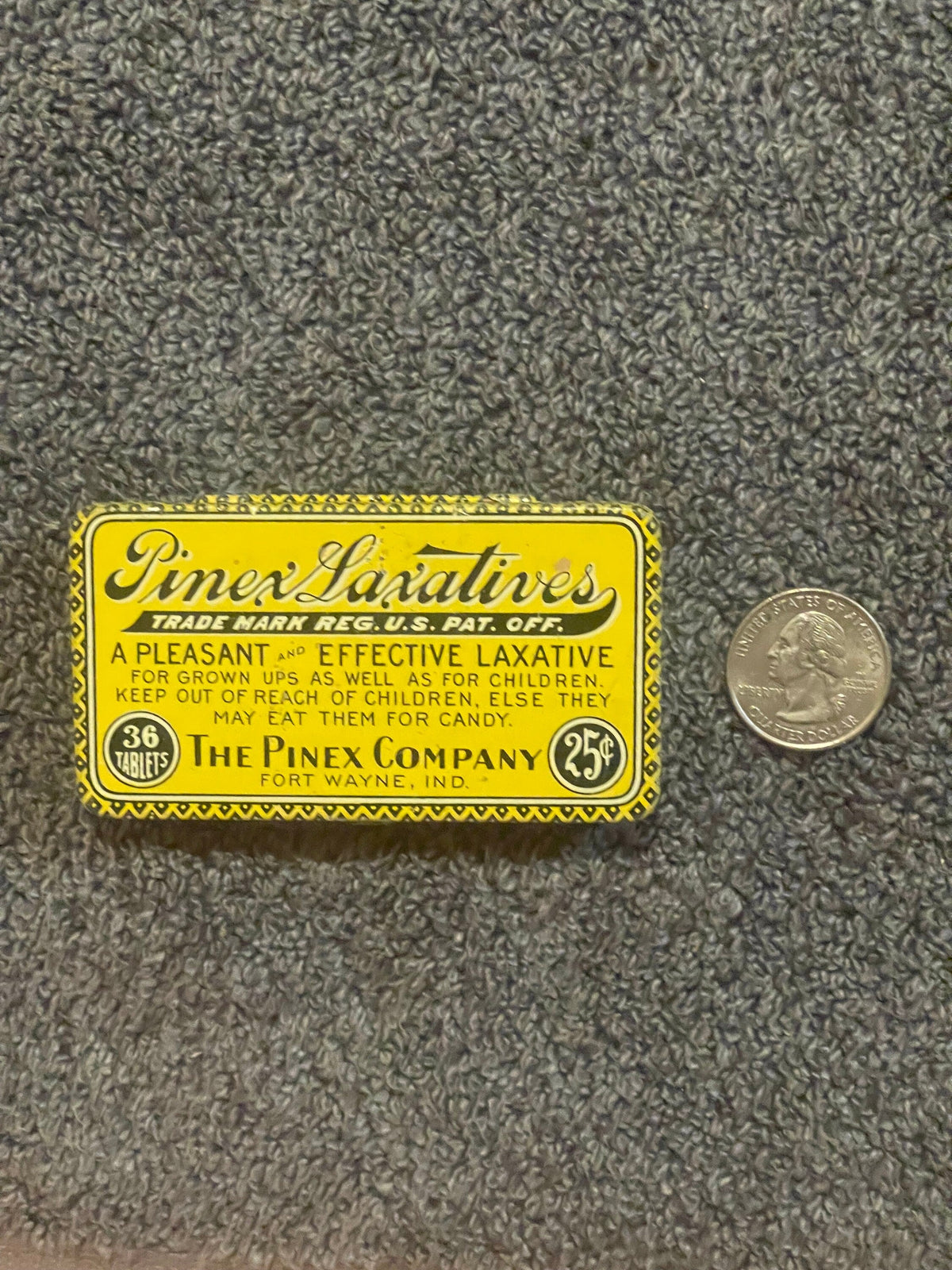 Antique Pinex Laxatives Medicine Tin ๐ Fort Wayne Indiana Pharmacy, 36 Tablets 25 Cent Advertising, Early 1900s Patent Medicine Collectible