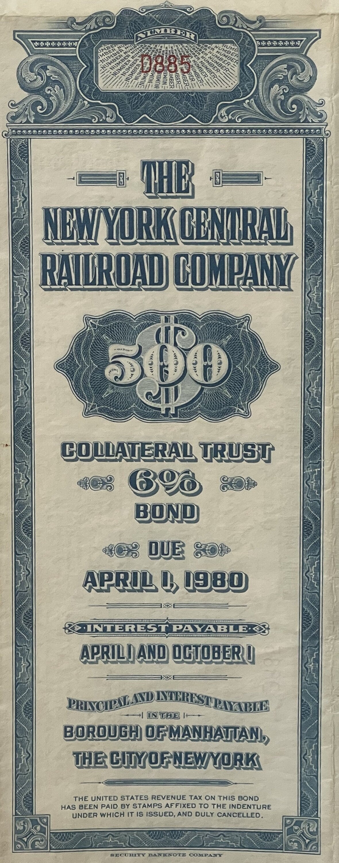 Rare 1955 New York Central Railroad 500 Dollar Bond Blue Collateral Trust 6 Percent with Coupon Sheet š