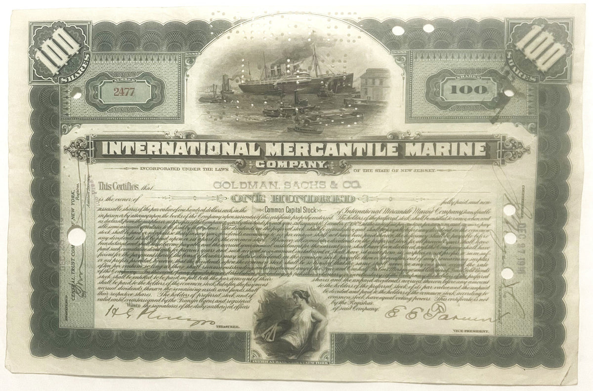 Antique 1910s-1920s Titanic International Mercantile Marine Stock Certificate π’ Green, White Star Line